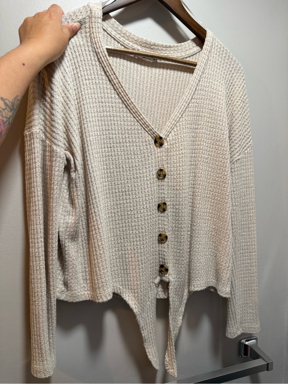 Pink Republic White Cream Waffle Knit Tie-Front Cardigan Size Large